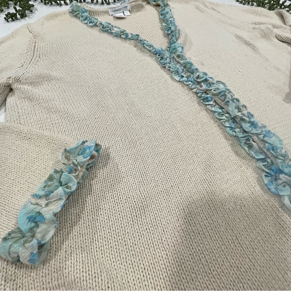 Coldwater Creek Ivory Cardigan Sweater with Blue Floral Ruffle Trim - Picture 3 of 10